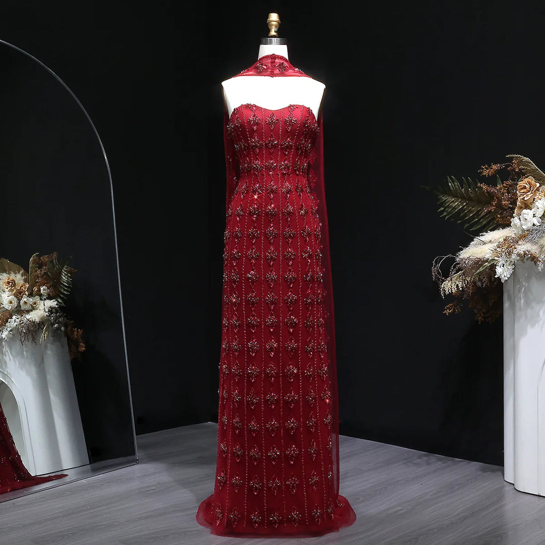 Luxury Beaded Nude Strapless Evening Dress with Scarf SS229