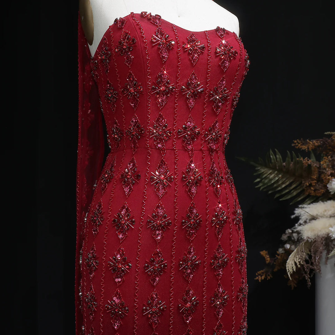 Luxury Beaded Nude Strapless Evening Dress with Scarf SS229