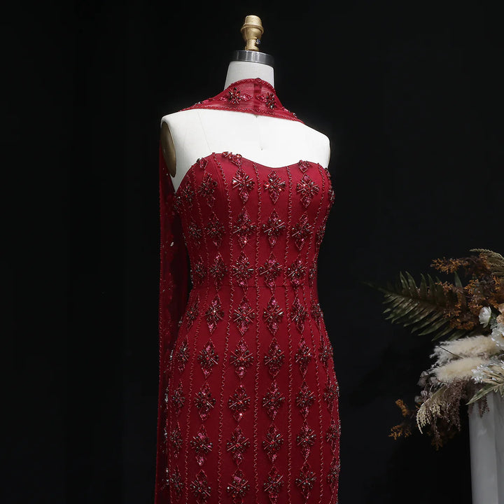 Luxury Beaded Nude Strapless Evening Dress with Scarf SS229