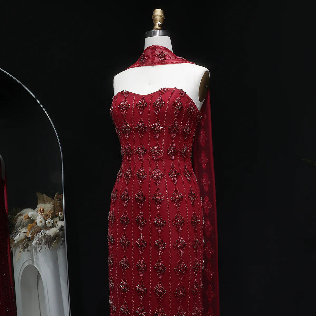 Luxury Beaded Nude Strapless Evening Dress with Scarf SS229