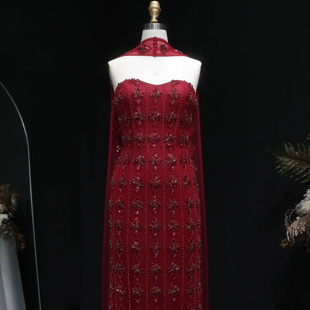 Luxury Beaded Nude Strapless Evening Dress with Scarf SS229