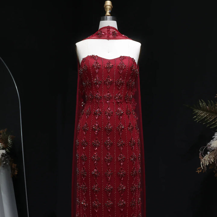 Luxury Beaded Nude Strapless Evening Dress with Scarf SS229