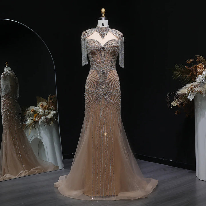 Elegant Blue Crystal Prom Dress with Shoulder Tassel Cape SS190