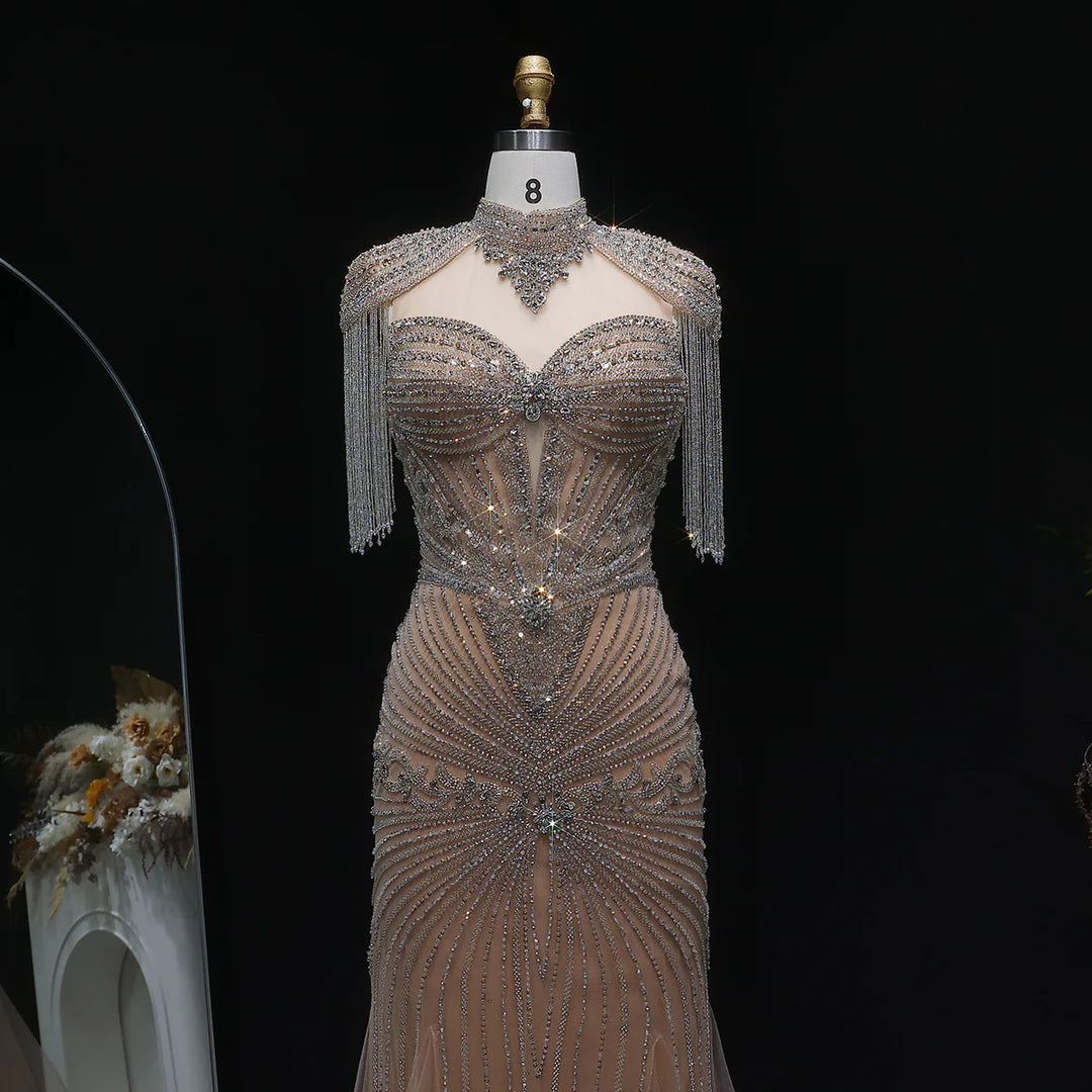 Elegant Blue Crystal Prom Dress with Shoulder Tassel Cape SS190