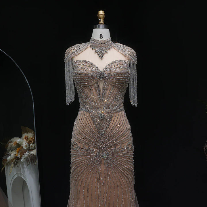 Elegant Blue Crystal Prom Dress with Shoulder Tassel Cape SS190