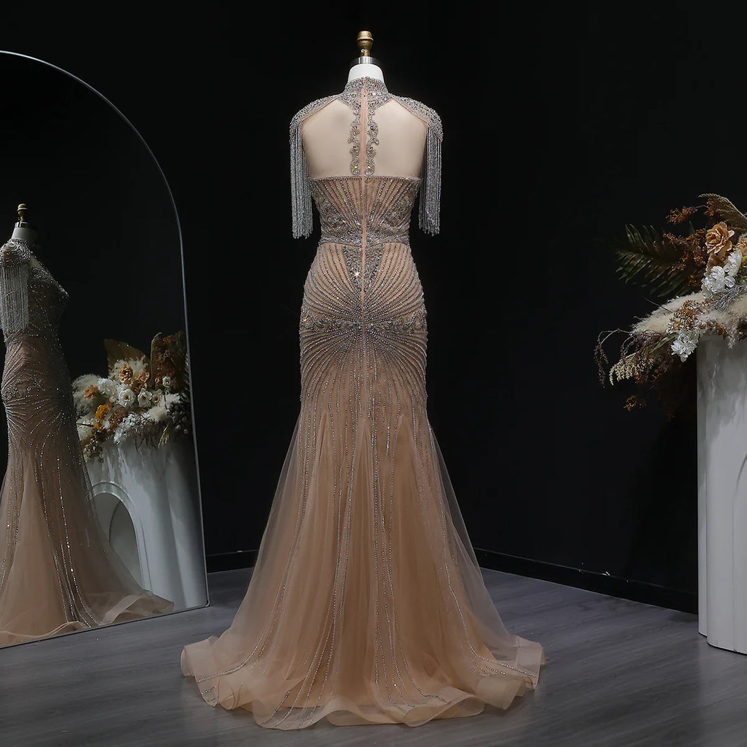 Elegant Blue Crystal Prom Dress with Shoulder Tassel Cape SS190