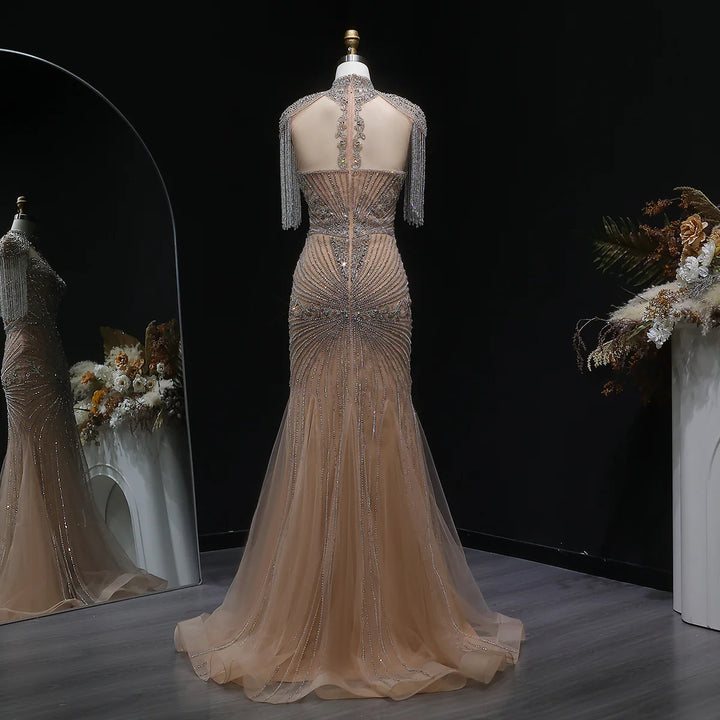 Elegant Blue Crystal Prom Dress with Shoulder Tassel Cape SS190