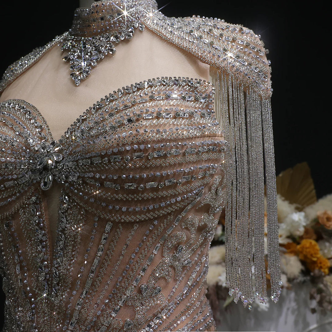 Elegant Blue Crystal Prom Dress with Shoulder Tassel Cape SS190