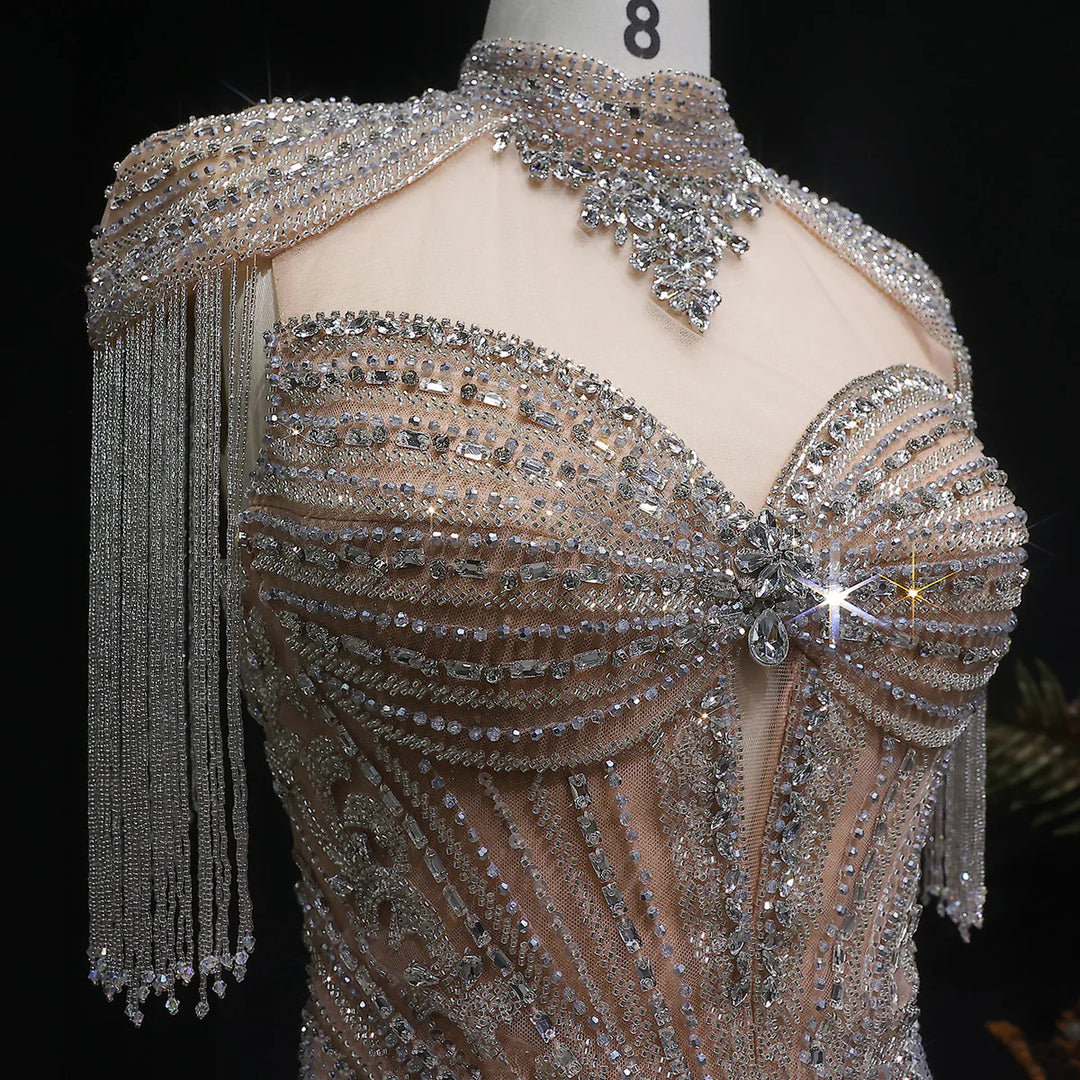 Elegant Blue Crystal Prom Dress with Shoulder Tassel Cape SS190