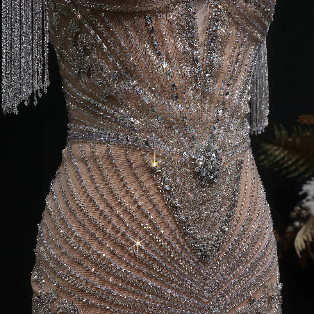 Elegant Blue Crystal Prom Dress with Shoulder Tassel Cape SS190