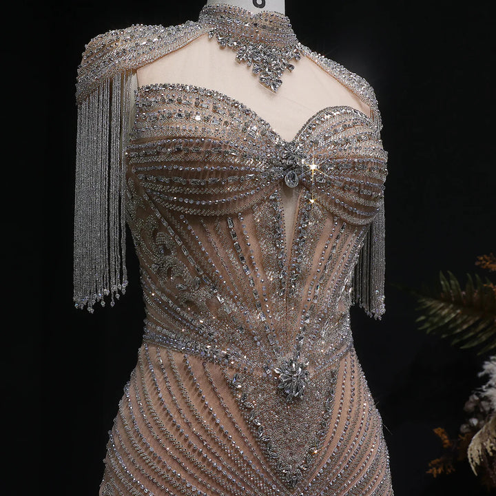 Elegant Blue Crystal Prom Dress with Shoulder Tassel Cape SS190