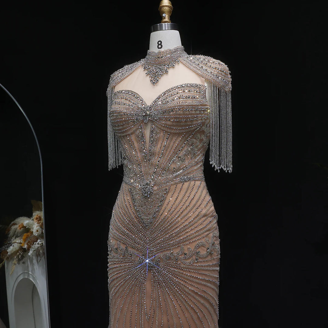 Elegant Blue Crystal Prom Dress with Shoulder Tassel Cape SS190