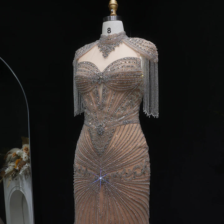 Elegant Blue Crystal Prom Dress with Shoulder Tassel Cape SS190