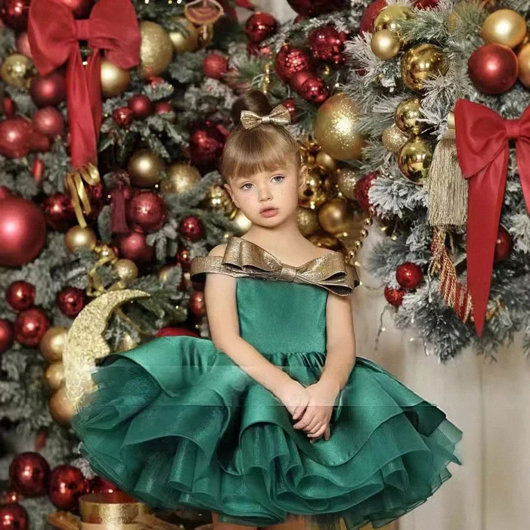 Christmas Off Shoulder Satin Girl Dress Knee Length Ball Gown J284 Christmas Off Shoulder Satin Girl Dress Knee Length Ball Gown J284