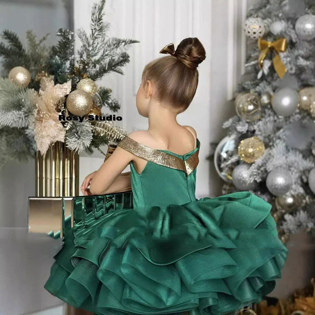 Christmas Off Shoulder Satin Girl Dress Knee Length Ball Gown J284 Green / 12m Christmas Off Shoulder Satin Girl Dress Knee Length Ball Gown J284 Green / 12m