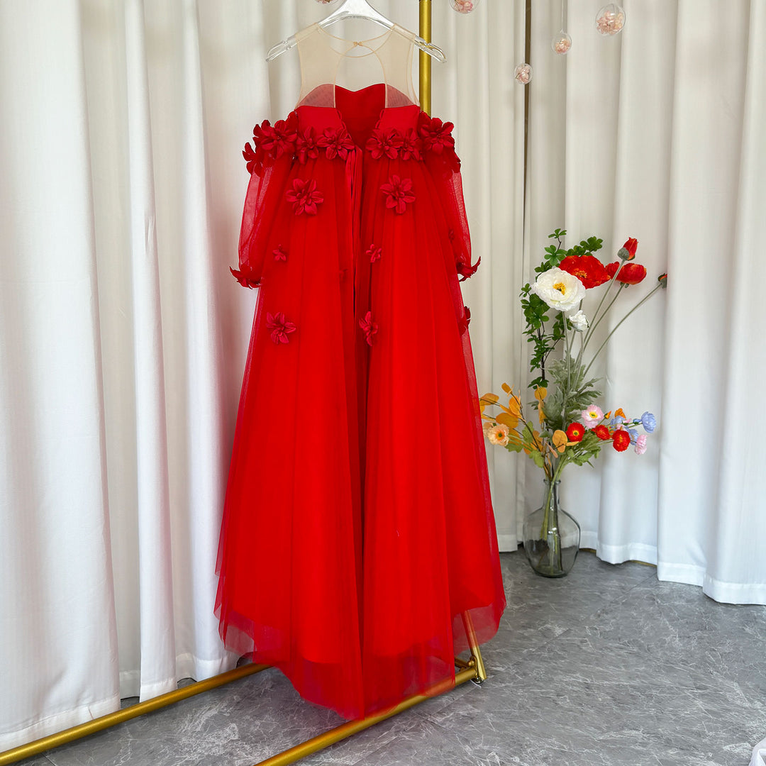 Elegant 3D Flowers Red Girl Dress Long Sleeve Princess Gown J274 DreamyVow Elegant 3D Flowers Red Girl Dress Long Sleeve Princess Gown J274 DreamyVow