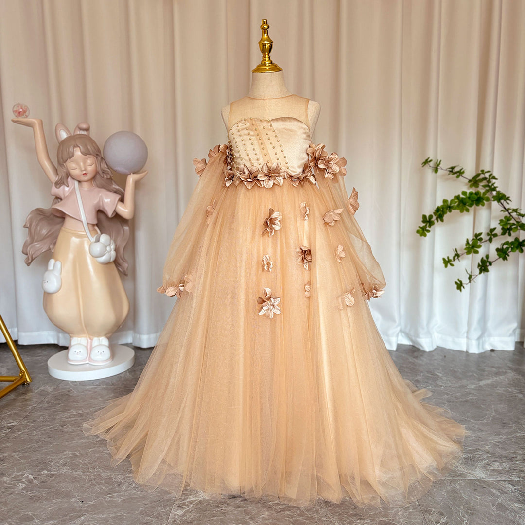 Elegant 3D Flowers Red Girl Dress Long Sleeve Princess Gown J274 White / child-12 Elegant 3D Flowers Red Girl Dress Long Sleeve Princess Gown J274 White / child-12