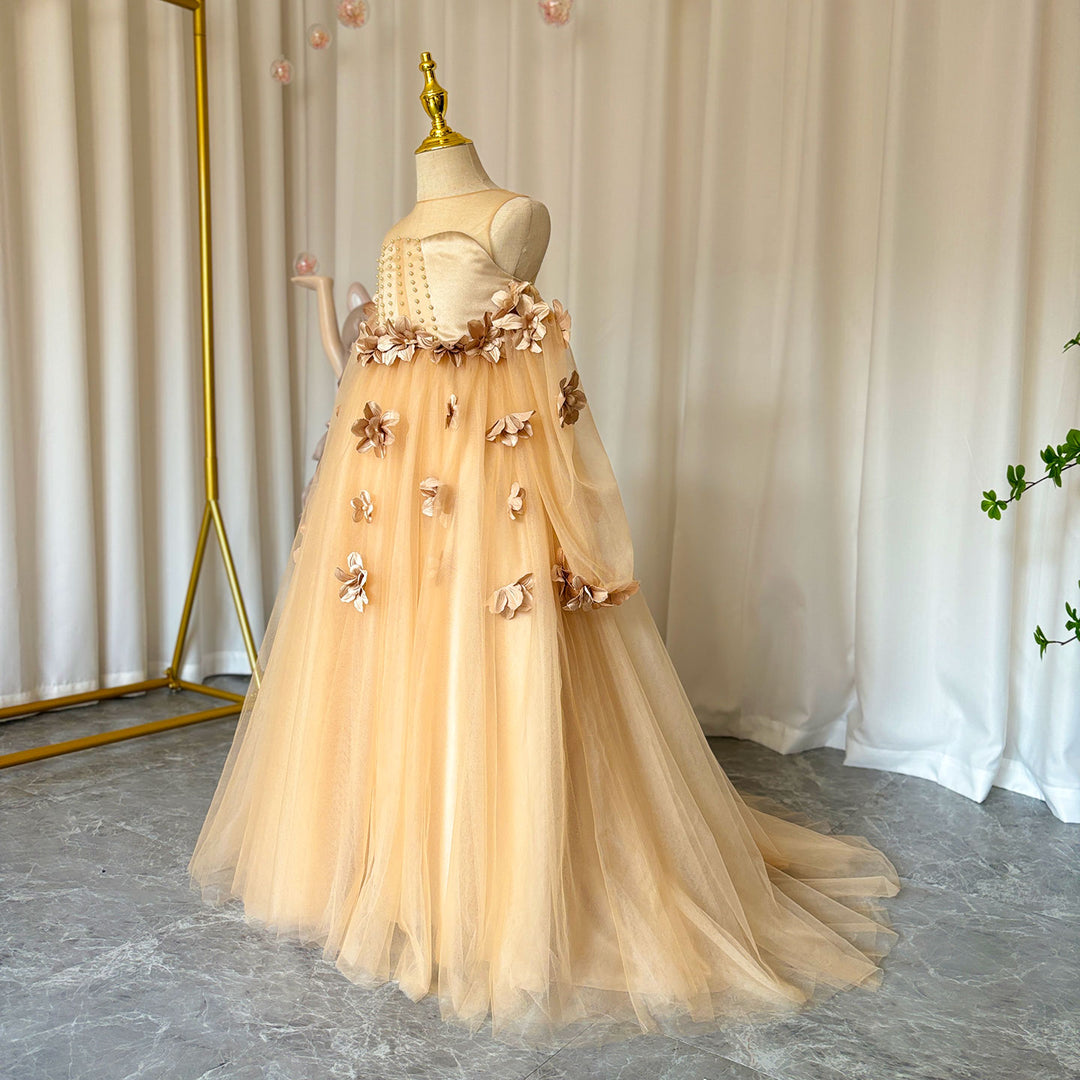 Elegant 3D Flowers Red Girl Dress Long Sleeve Princess Gown J274 White / child-12 Elegant 3D Flowers Red Girl Dress Long Sleeve Princess Gown J274 White / child-12