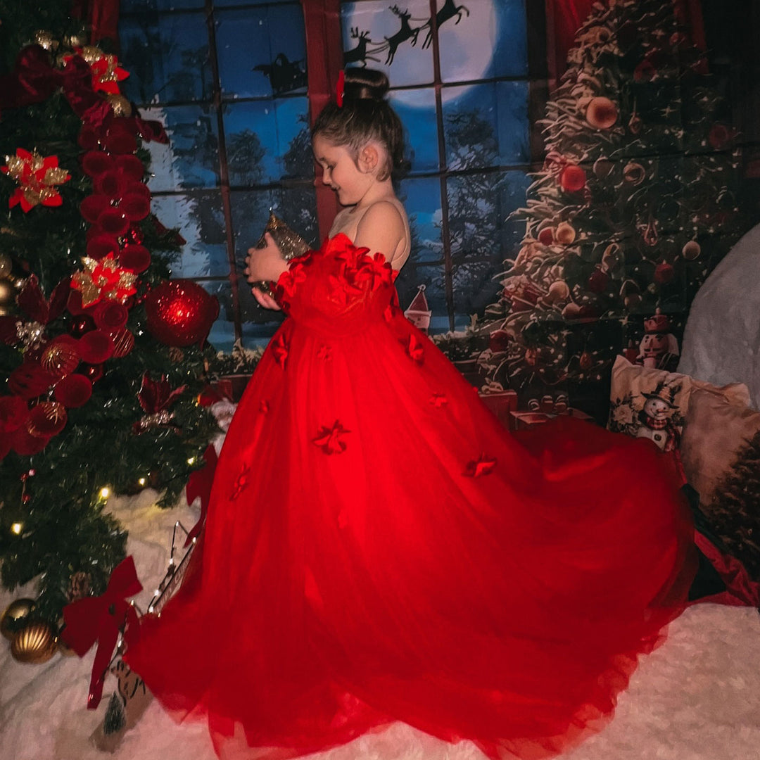 Elegant 3D Flowers Red Girl Dress Long Sleeve Princess Gown J274 Champagne / child-14 Elegant 3D Flowers Red Girl Dress Long Sleeve Princess Gown J274 Champagne / child-14
