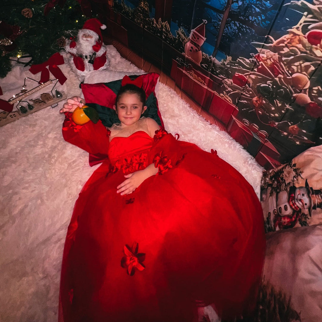 Elegant 3D Flowers Red Girl Dress Long Sleeve Princess Gown J274 Champagne / child-14 Elegant 3D Flowers Red Girl Dress Long Sleeve Princess Gown J274 Champagne / child-14
