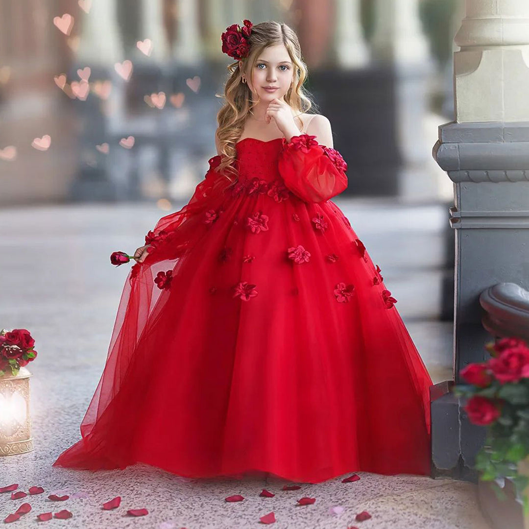 Elegant 3D Flowers Red Girl Dress Long Sleeve Princess Gown J274 DreamyVow Elegant 3D Flowers Red Girl Dress Long Sleeve Princess Gown J274 DreamyVow
