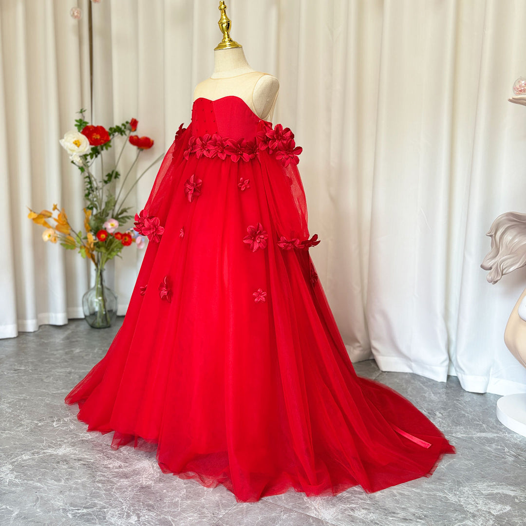 Elegant 3D Flowers Red Girl Dress Long Sleeve Princess Gown J274 Elegant 3D Flowers Red Girl Dress Long Sleeve Princess Gown J274