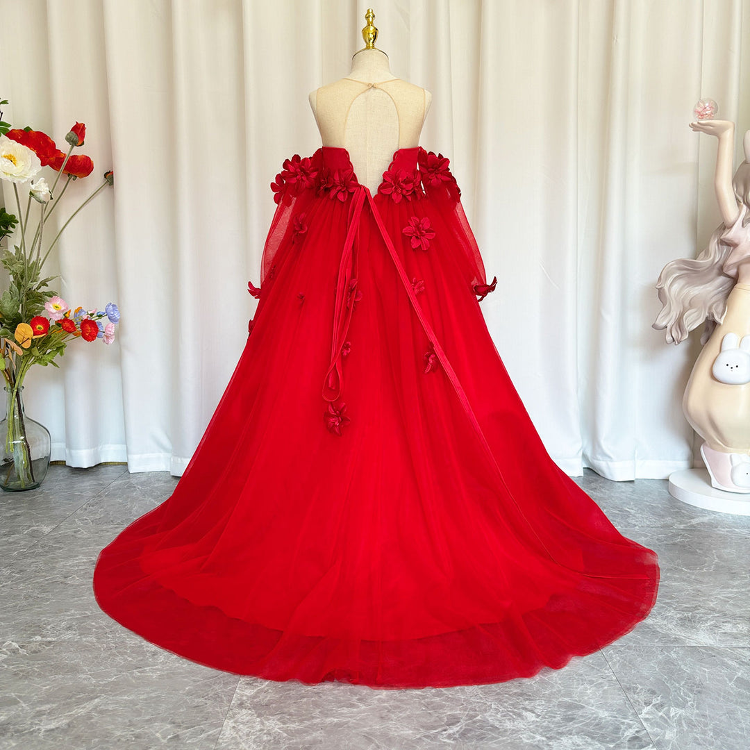 Elegant 3D Flowers Red Girl Dress Long Sleeve Princess Gown J274 Red / 12M Elegant 3D Flowers Red Girl Dress Long Sleeve Princess Gown J274 Red / 12M
