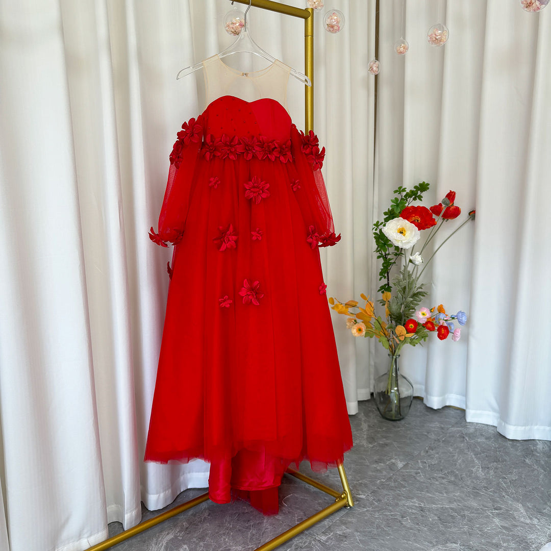 Elegant 3D Flowers Red Girl Dress Long Sleeve Princess Gown J274