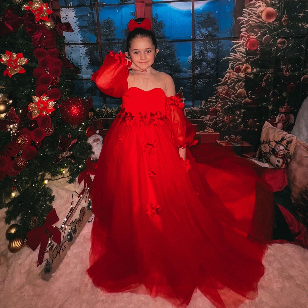 Elegant 3D Flowers Red Girl Dress Long Sleeve Princess Gown J274 Champagne / child-14 Elegant 3D Flowers Red Girl Dress Long Sleeve Princess Gown J274 Champagne / child-14