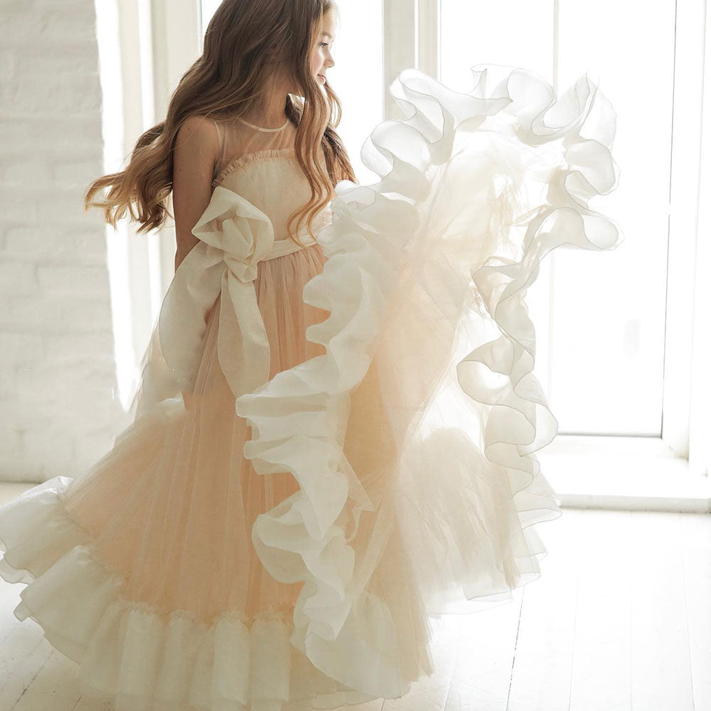 Elegant Beige Girl Dress Princess for Birthday Wedding Party J101 Beige / child-2 Elegant Beige Girl Dress Princess for Birthday Wedding Party J101 Beige / child-2