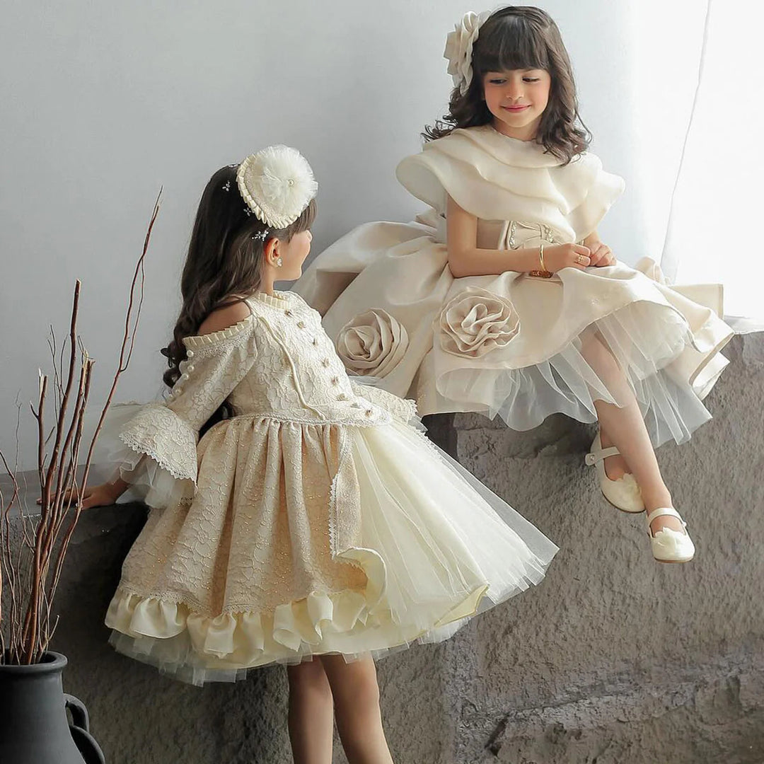 Elegant Beige Girl Dresses with Headgear Party Gown J104 Elegant Beige Girl Dresses with Headgear Party Gown J104