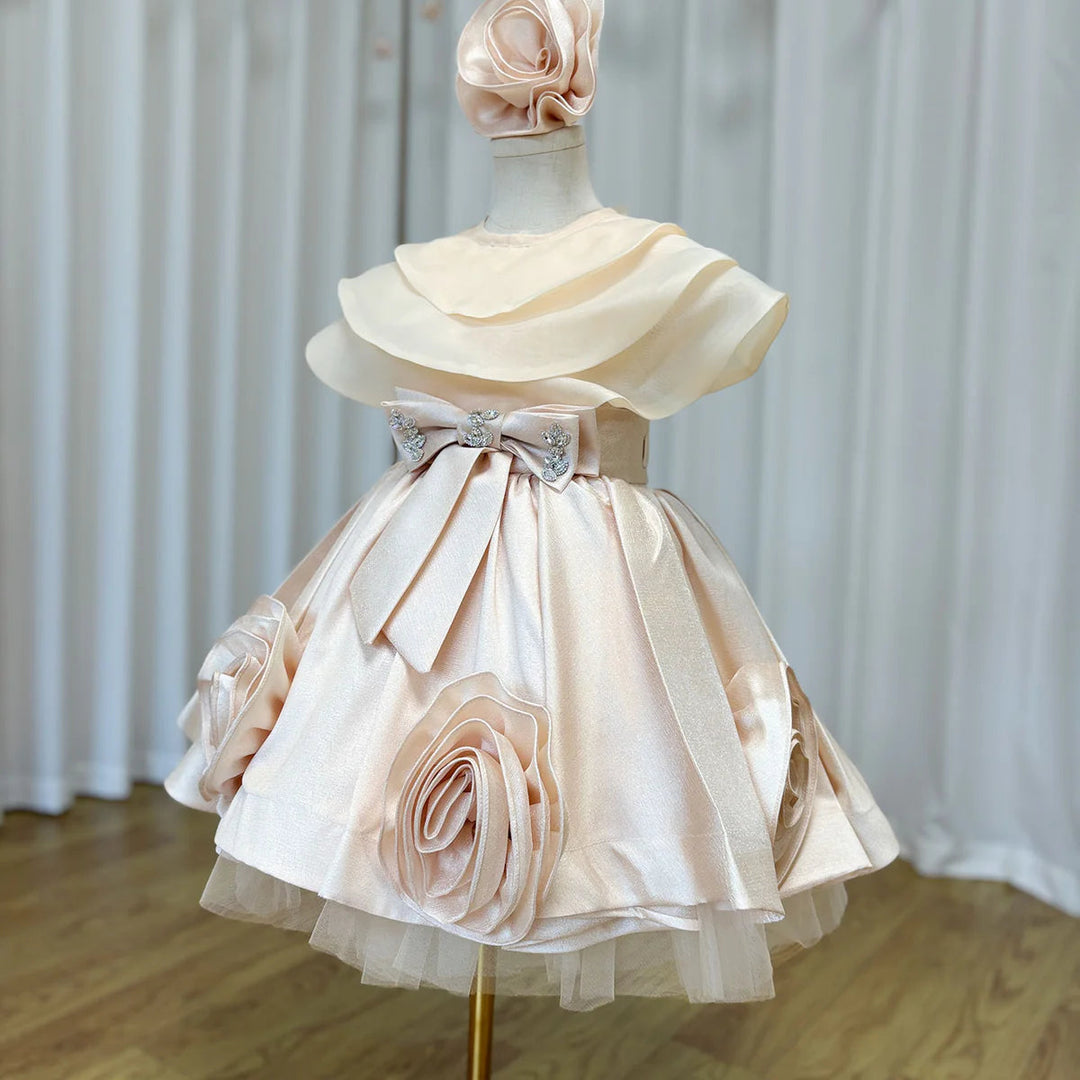 Elegant Beige Girl Dresses with Headgear Party Gown J104 Elegant Beige Girl Dresses with Headgear Party Gown J104