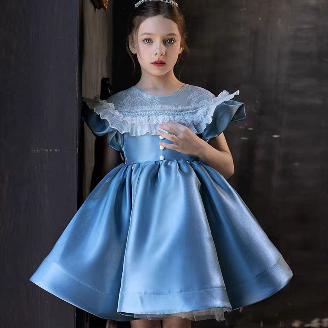 Elegant Blue Flower Girl Dress Arabic Princess Kids Dubai Wedding Birthday Party Gowns vestidos de novia J090 Blue / child-8