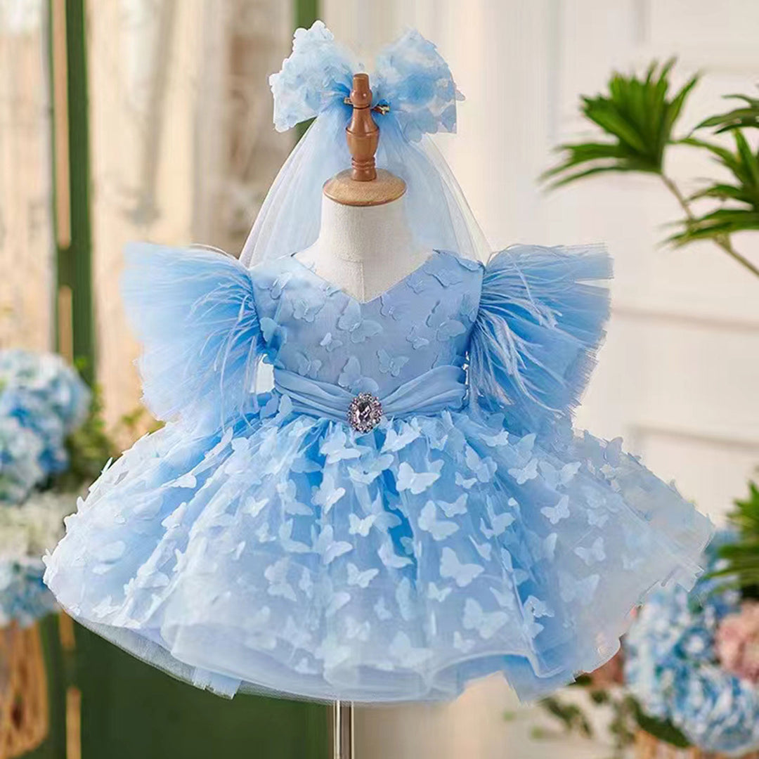 Elegant Blue Puffy Sleeve Flower Girl Dress Knee Length J058 DreamyVow Elegant Blue Puffy Sleeve Flower Girl Dress Knee Length J058 DreamyVow