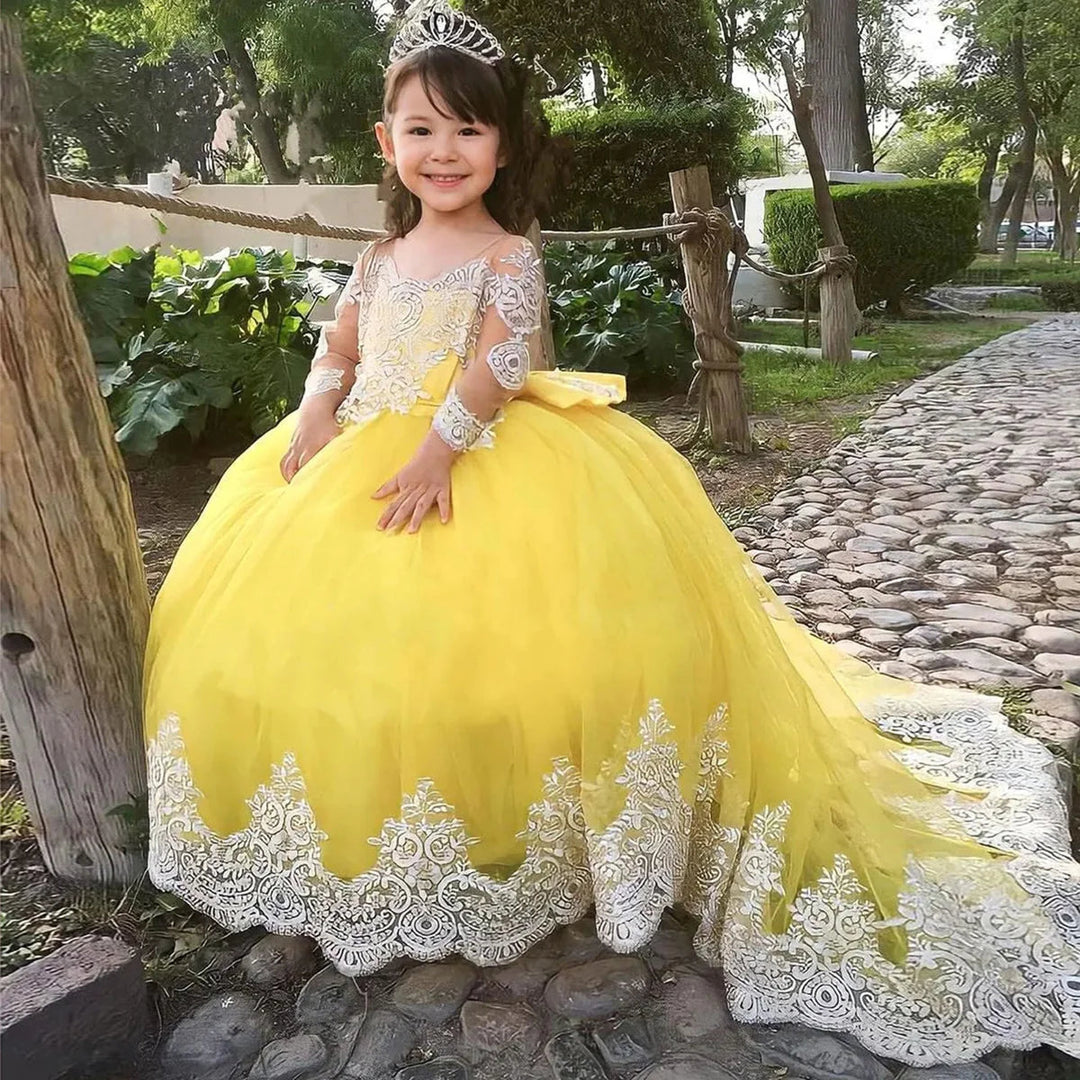 Toddler Long Sleeve Yellow Gown Elegant Dubai Girl Dress Long