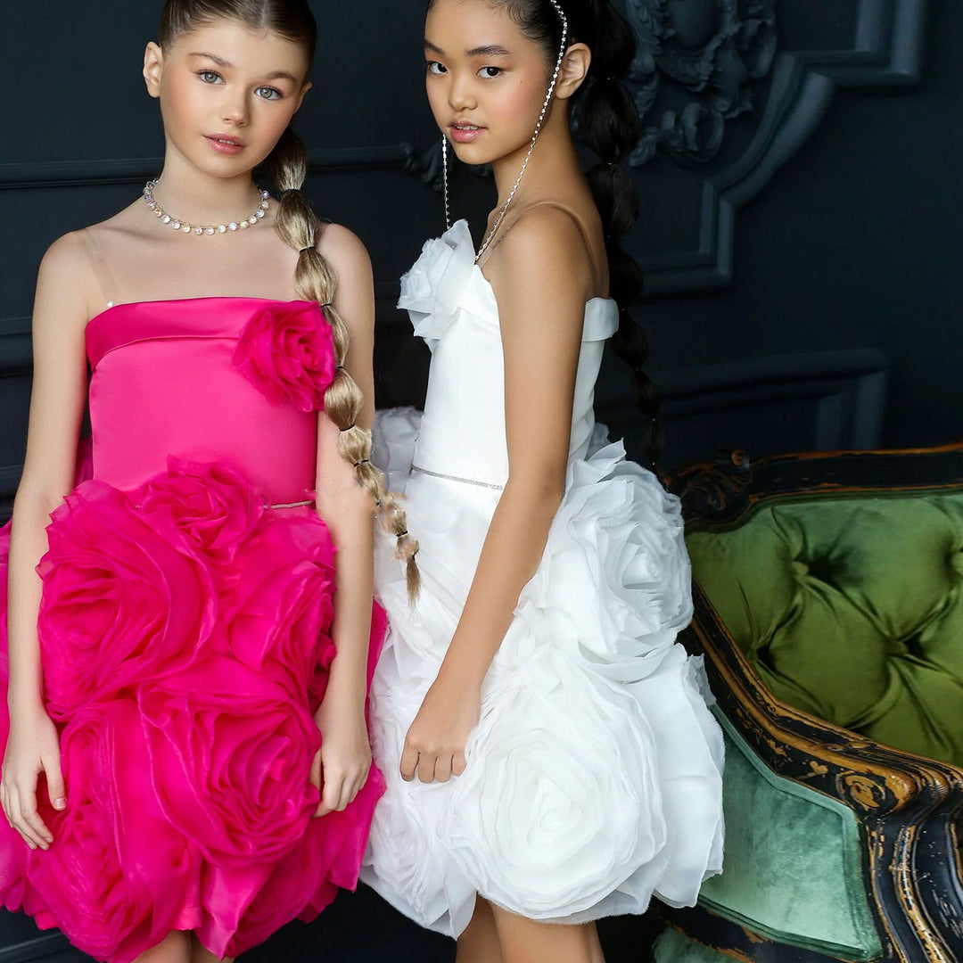 Fuchsia Girl Dress with Handmade Flowers White Birthday Gown J157 DreamyVow Fuchsia Girl Dress with Handmade Flowers White Birthday Gown J157 DreamyVow