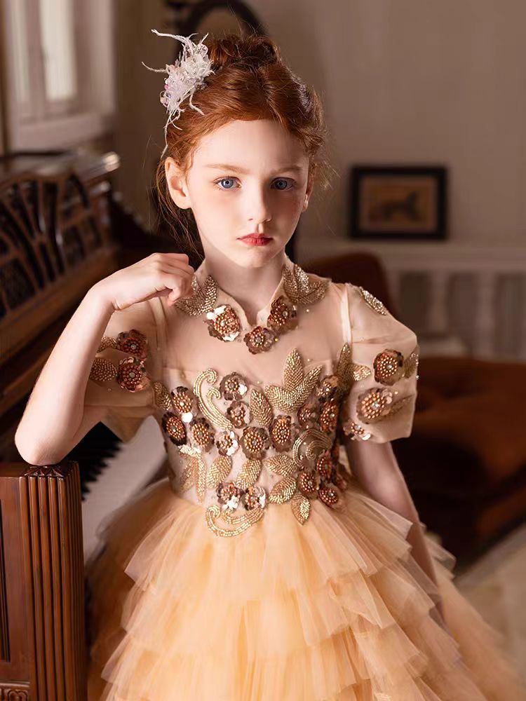 Elegant Gold High-Neck Girl Dress Tiered Princess Birthday Gown J298 Gold / child-4 Elegant Gold High-Neck Girl Dress Tiered Princess Birthday Gown J298 Gold / child-4