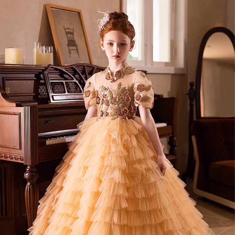 gold birthday dress for woman Elegant Gold High-Neck Girl Dress Tiered Princess Birthday Gown J298 Gold / child-4