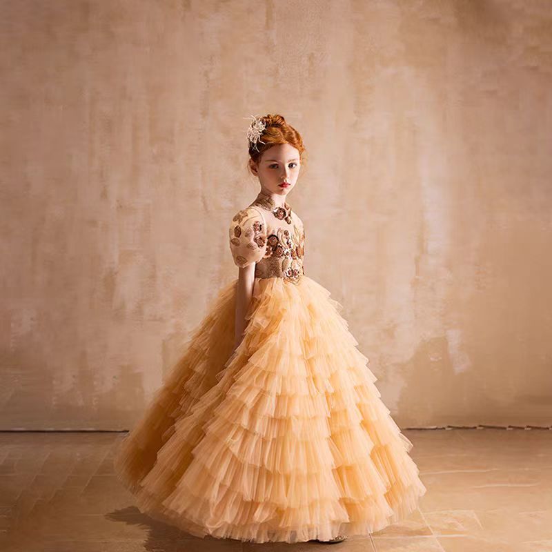 Elegant Gold High-Neck Girl Dress Tiered Princess Birthday Gown J298 Gold / child-4 Elegant Gold High-Neck Girl Dress Tiered Princess Birthday Gown J298 Gold / child-4