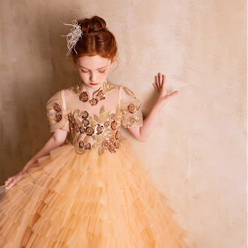 Elegant Gold High-Neck Girl Dress Tiered Princess Birthday Gown J298 Gold / child-4 Elegant Gold High-Neck Girl Dress Tiered Princess Birthday Gown J298 Gold / child-4