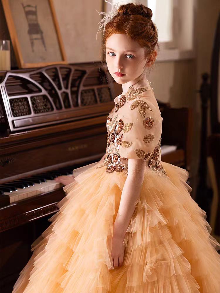Elegant Gold High-Neck Girl Dress Tiered Princess Birthday Gown J298 Gold / child-4 Elegant Gold High-Neck Girl Dress Tiered Princess Birthday Gown J298 Gold / child-4