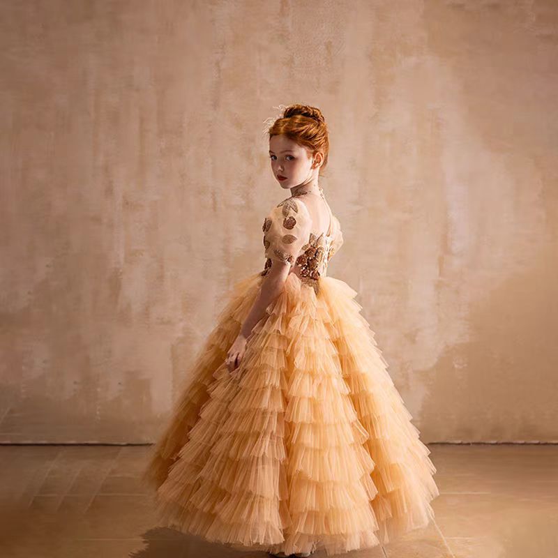 Elegant Gold High-Neck Girl Dress Tiered Princess Birthday Gown J298 Gold / child-4 Elegant Gold High-Neck Girl Dress Tiered Princess Birthday Gown J298 Gold / child-4