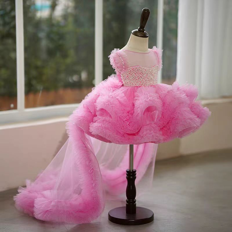 dress that green and pink pearls Elegant Green Pearls Flower Girl Dress Princess Baby Kids Wedding Birthday First Communion Party Gown J301 Pink / child-3