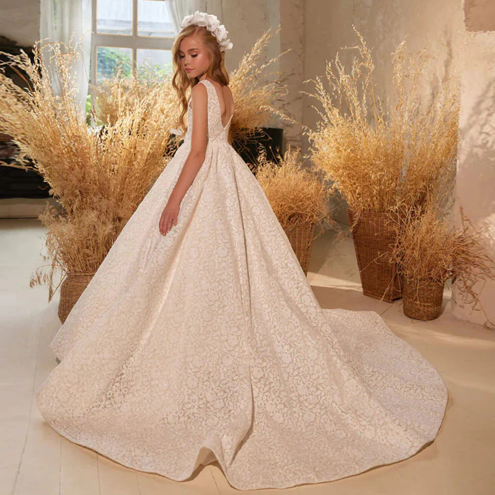 Elegant Ivory Flower Girl Dress Appliques Lace Princess Gown J261 Champagne / child-8 Elegant Ivory Flower Girl Dress Appliques Lace Princess Gown J261 Champagne / child-8