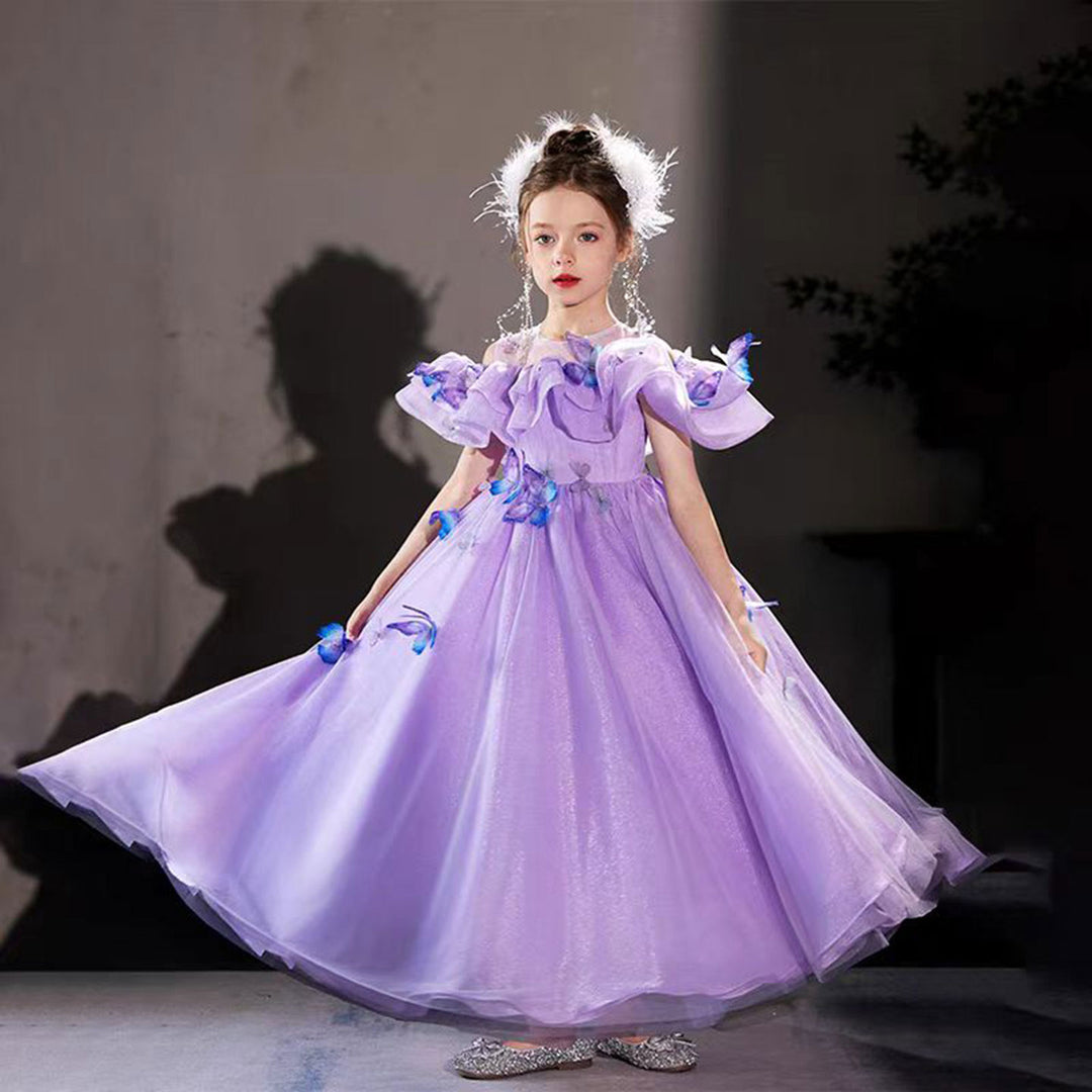 Elegant Lilac Off Shoulder Girl Dress with Butterfly J199 Lilac / child-8 Elegant Lilac Off Shoulder Girl Dress with Butterfly J199 Lilac / child-8