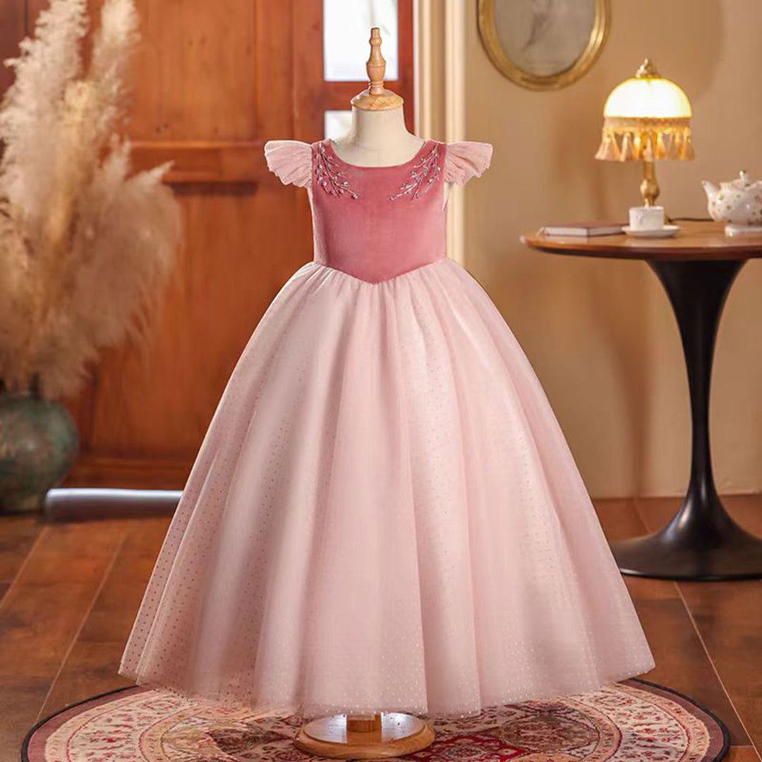Elegant Pink Girl Bridesmaides Dresses Beaded Long Arabic J198 Pink / child-8 Elegant Pink Girl Bridesmaides Dresses Beaded Long Arabic J198 Pink / child-8