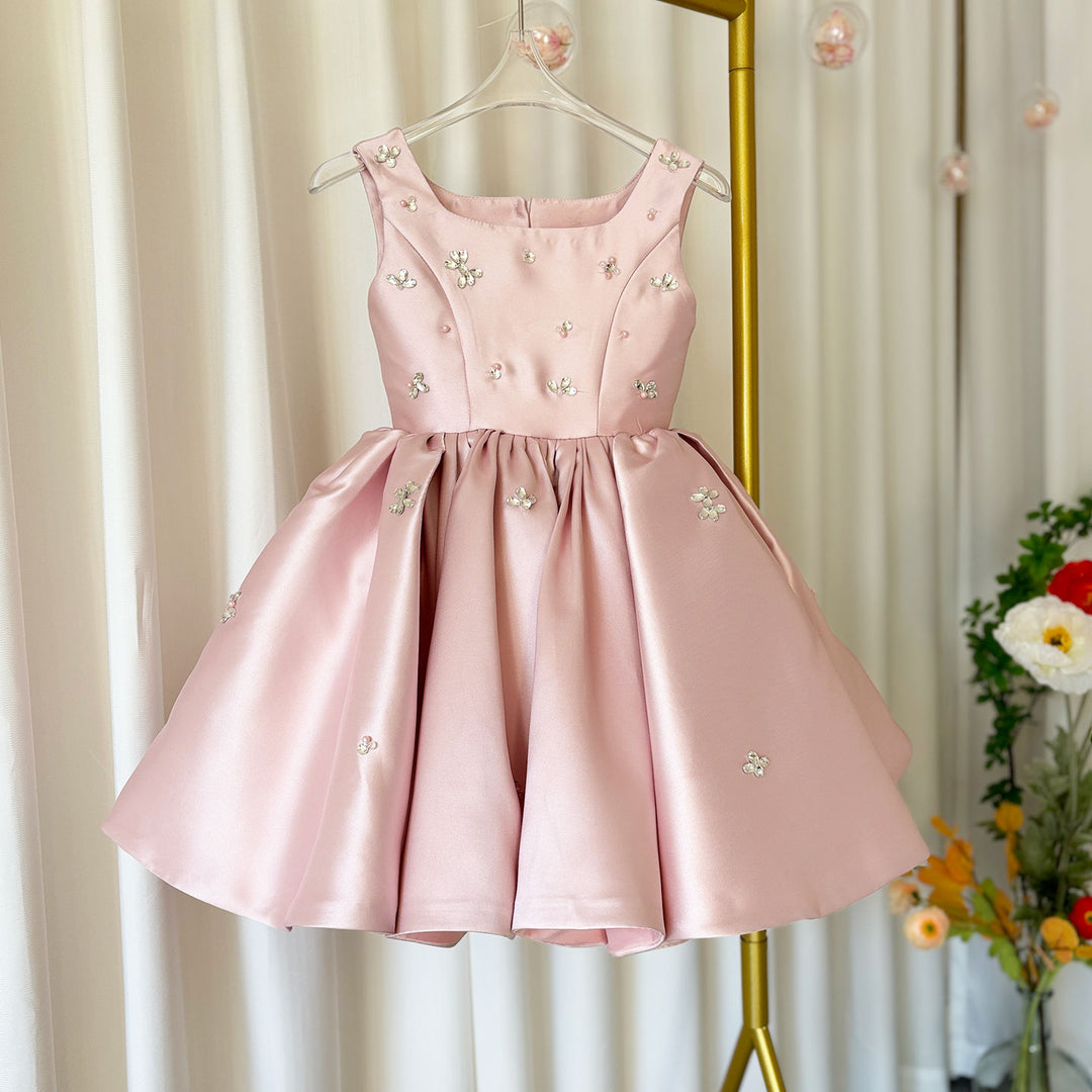 Elegant Pink Satin Girl Dresses Square Collar for Kids Party Gown J145 DreamyVow Elegant Pink Satin Girl Dresses Square Collar for Kids Party Gown J145 DreamyVow