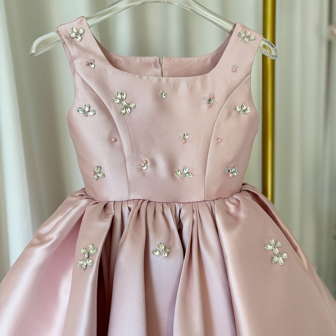 Elegant Pink Satin Girl Dresses Square Collar for Kids Party Gown J145 DreamyVow Elegant Pink Satin Girl Dresses Square Collar for Kids Party Gown J145 DreamyVow