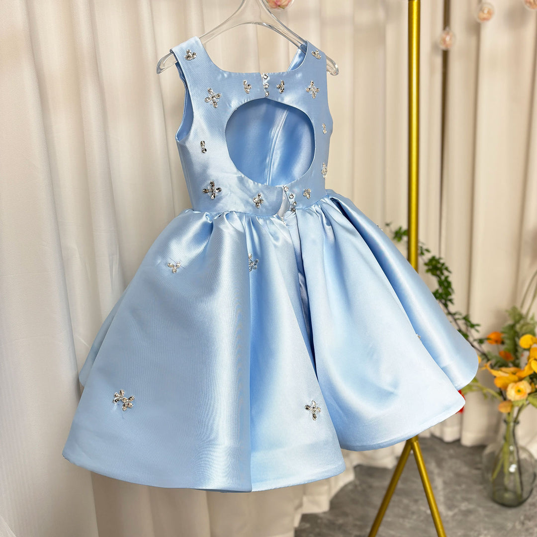Elegant Pink Satin Girl Dresses Square Collar For Kids Party Gown J145 Blue / Child-10 Elegant Pink Satin Girl Dresses Square Collar For Kids Party Gown J145 Blue / Child-10