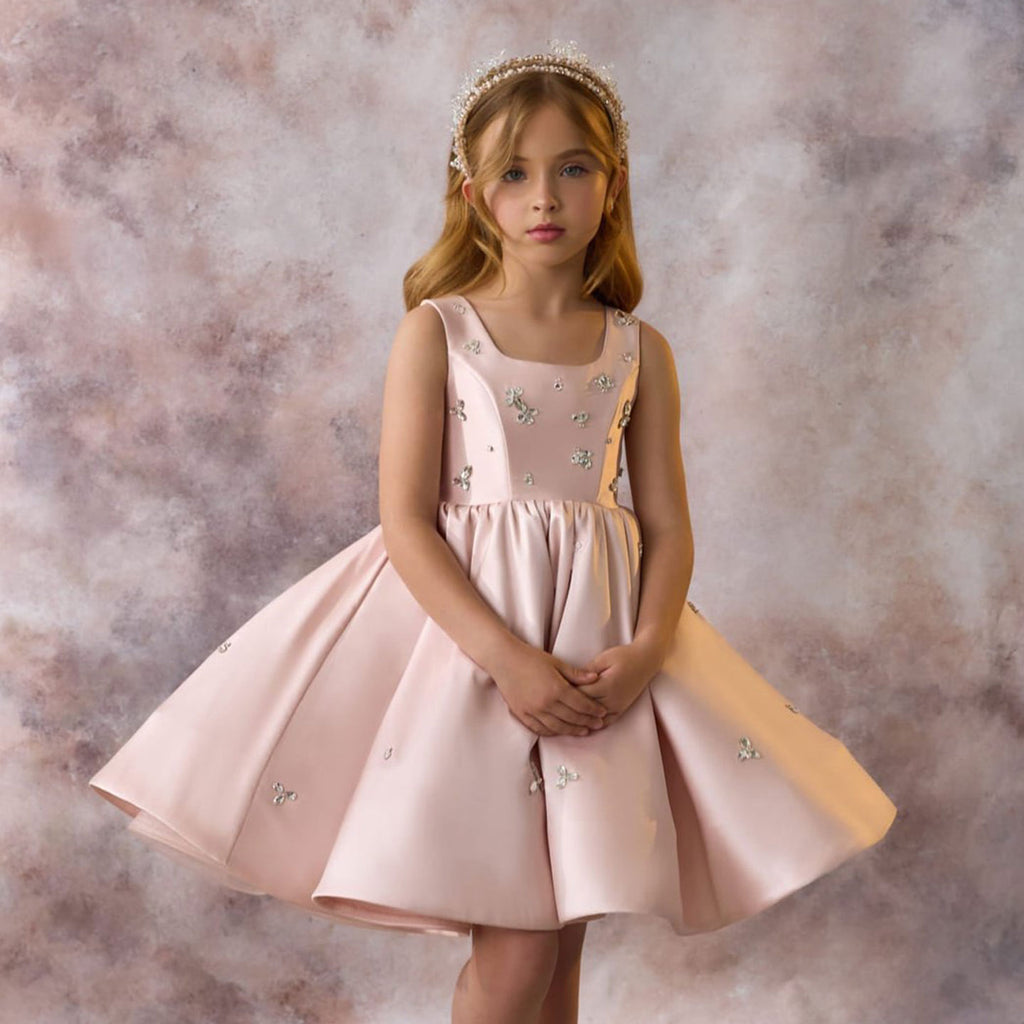 Elegant Pink Satin Girl Dresses Square Collar for Kids Party Gown